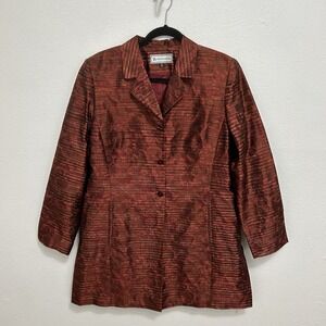 Travis Ayers 100% Silk Blazer Jacket Size 14 Rust Red Metallic Paisley Striped